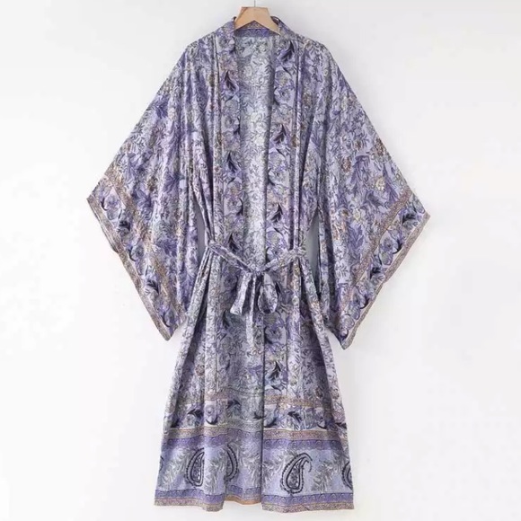 Lavender Floral & Paisley Print Kimono Bohemian Duster Wrap Coverup Top Casual - Picture 2 of 2